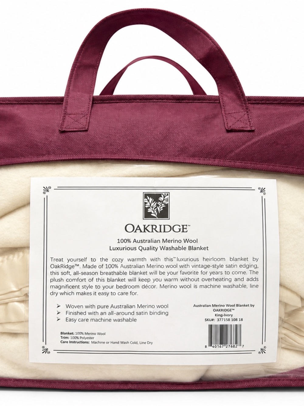 Oakridge Luxurious Merino Wool Blanket - Burgundy Trim